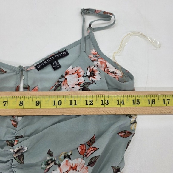 Three Pink Hearts Womens XS Floral Romper Dress Hi Low Overlay Sage Green *Flaw - Picture 13 of 16